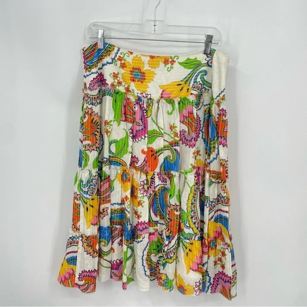 Trina Turk Tiered Skirt Floral Print Silver Pinstripes Size 10 multi color‎